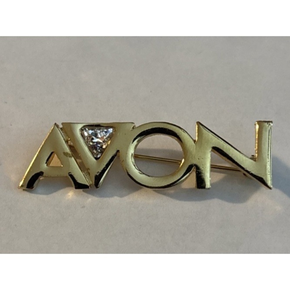 Vintage Avon Logo Name Brooch Gold Tone Clear Rhinestone Sales Rep Pin